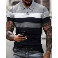 Men's Polo Shirt Golf Shirt Striped Graphic Prints Turndown Black Red Gray Outdoor Street Short Sleeves Button-Down Print Clothing Apparel Sports Fashion Streetwear Designer
