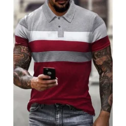Men's Polo Shirt Golf Shirt Striped Graphic Prints Turndown Black Red Gray Outdoor Street Short Sleeves Button-Down Print Clothing Apparel Sports Fashion Streetwear Designer