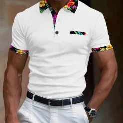Men's Polo Shirt Golf Shirt Work Casual Lapel Classic Short Sleeve Basic Modern Floral Color Block Patchwork Button Spring & Summer Regular Fit Black White Orange Green Polo Shirt