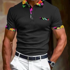 Men's Polo Shirt Golf Shirt Work Casual Lapel Classic Short Sleeve Basic Modern Floral Color Block Patchwork Button Spring & Summer Regular Fit Black White Orange Green Polo Shirt
