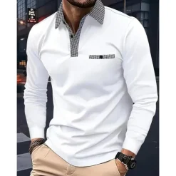 Men's Polo Shirt Golf Shirt Casual Sports Lapel Long Sleeve Fashion Basic Color Block Houndstooth Patchwork Button Spring & Fall Regular Fit White Red Navy Blue Khaki Light Blue Polo Shirt