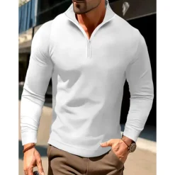 Men's Polo Shirt High Neck Outdoor Casual Lapel Quarter Zip Long Sleeve Fashion Basic Waves Solid / Plain Color Quarter Zip Spring & Fall Regular Fit Black White Dark Navy Blue Polo Shirt