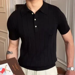 Men's Polo Shirt Knit Polo Sweater Casual Daily Lapel Short Sleeves Stylish Classic Plain Button Summer Black White Polo Shirt