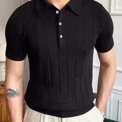 Men's Polo Shirt Knit Polo Sweater Casual Daily Lapel Short Sleeves Stylish Classic Plain Button Summer Black White Polo Shirt