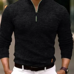 Men's Polo Shirt Quarter Zip Polo Sports & Outdoor Casual Daily Standing Collar Quarter Zip Long Sleeve Fashion Basic Solid Color Pocket Spring & Fall Regular Fit Black Navy Blue Ocean Blue Orange