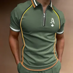 Men's Polo Shirt Quarter Zip Polo Street Casual Turndown Quarter Zip Short Sleeve Fashion Casual Letter Zipper Quarter Zip Spring & Summer Regular Fit Black Army Green Blue Gray Polo Shirt