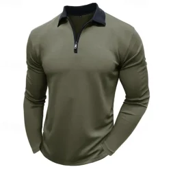 Men's Polo Shirt Quarter Zip Polo Street Vacation Quarter Zip Long Sleeve Fashion Basic Solid Color Pocket Spring & Fall Regular Fit Black White Burgundy Navy Blue Khaki Army Green Polo Shirt