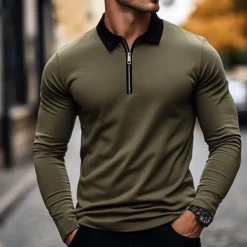 Men's Polo Shirt Quarter Zip Polo Street Vacation Quarter Zip Long Sleeve Fashion Basic Solid Color Pocket Spring & Fall Regular Fit Black White Burgundy Navy Blue Khaki Army Green Polo Shirt