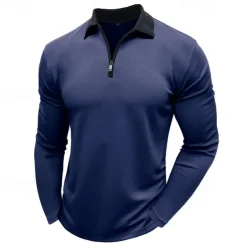 Men's Polo Shirt Quarter Zip Polo Street Vacation Quarter Zip Long Sleeve Fashion Basic Solid Color Pocket Spring & Fall Regular Fit Black White Burgundy Navy Blue Khaki Army Green Polo Shirt