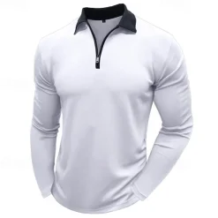 Men's Polo Shirt Quarter Zip Polo Street Vacation Quarter Zip Long Sleeve Fashion Basic Solid Color Pocket Spring & Fall Regular Fit Black White Burgundy Navy Blue Khaki Army Green Polo Shirt