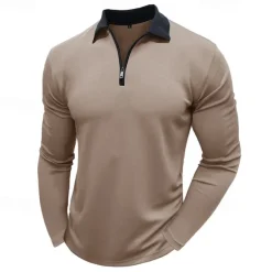 Men's Polo Shirt Quarter Zip Polo Street Vacation Quarter Zip Long Sleeve Fashion Basic Solid Color Pocket Spring & Fall Regular Fit Black White Burgundy Navy Blue Khaki Army Green Polo Shirt