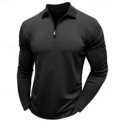 Men's Polo Shirt Quarter Zip Polo Street Vacation Quarter Zip Long Sleeve Fashion Basic Solid Color Pocket Spring & Fall Regular Fit Black White Burgundy Navy Blue Khaki Army Green Polo Shirt