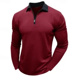 Men's Polo Shirt Quarter Zip Polo Street Vacation Quarter Zip Long Sleeve Fashion Basic Solid Color Pocket Spring & Fall Regular Fit Black White Burgundy Navy Blue Khaki Army Green Polo Shirt