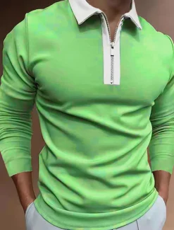 Men's Polo Shirt Quarter Zip Polo Work Casual Classic Collar Quarter Zip Long Sleeve Fashion Business Color Block Patchwork Zipper Winter Fall & Winter Regular Fit Wine Black Navy Blue Green Light