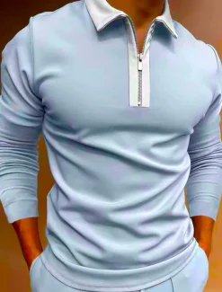 Men's Polo Shirt Quarter Zip Polo Work Casual Classic Collar Quarter Zip Long Sleeve Fashion Business Color Block Patchwork Zipper Winter Fall & Winter Regular Fit Wine Black Navy Blue Green Light