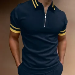 Men's Polo Shirt Quarter Zip Polo Going out golf shirts Turndown Quarter Zip Short Sleeve Sports Designer Vintage Patchwork Zipper Spring & Summer Slim Black Navy Blue Dark Green Polo Shirt