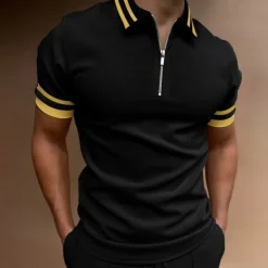 Men's Polo Shirt Quarter Zip Polo Going out golf shirts Turndown Quarter Zip Short Sleeve Sports Designer Vintage Patchwork Zipper Spring & Summer Slim Black Navy Blue Dark Green Polo Shirt