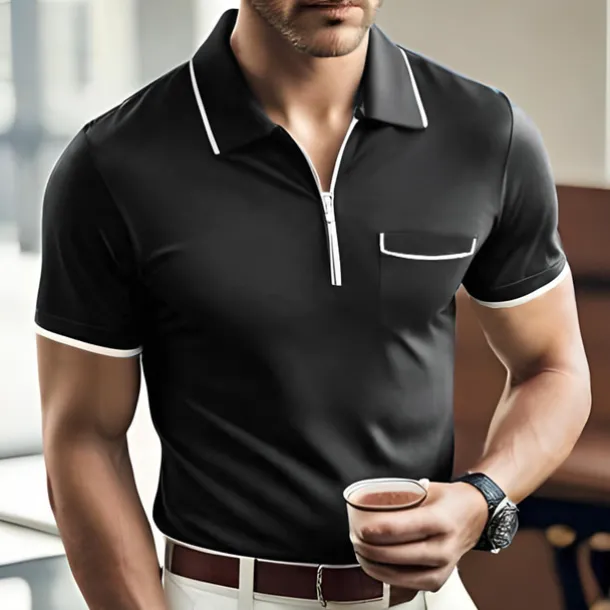 Men's Polo Shirt Zip Polo Casual Holiday Lapel Quarter Zip Short Sleeve Fashion Basic Plain Quarter Zip Summer Regular Fit Black Dark Navy Orange Green Gray Polo Shirt