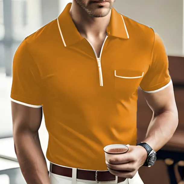 Men's Polo Shirt Zip Polo Casual Holiday Lapel Quarter Zip Short Sleeve Fashion Basic Plain Quarter Zip Summer Regular Fit Black Dark Navy Orange Green Gray Polo Shirt