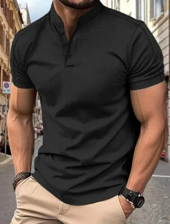 Men's Polo Shirts Collarless Golf Shirts Casual Stand Collar Short Sleeve Basic Comfortable Plain Buttons Summer Spring Regular Fit Black White Navy Blue Gray Polo Shirts