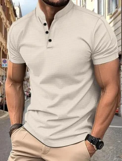 Men's Polo Shirts Collarless Golf Shirts Casual Stand Collar Short Sleeve Basic Comfortable Plain Buttons Summer Spring Regular Fit Black White Navy Blue Gray Polo Shirts