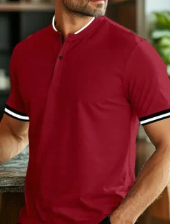 Men's Polo Shirts Collarless Golf Shirts Casual Stand Collar Short Sleeve Basic Comfortable Plain Buttons Summer Spring Regular Fit Black White Red Polo Shirts