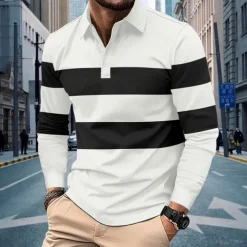 Men's Polo Shirts Golf Polos Shirts Business Casual Lapel Classic Long Sleeve Fashion Basic Color Block Stripes Buttons Fall Winter Regular Fit Deep Green Black White Gray Polo Shirts
