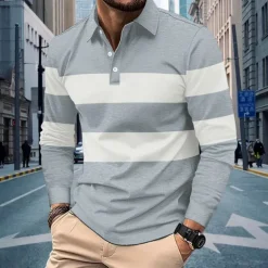 Men's Polo Shirts Golf Polos Shirts Business Casual Lapel Classic Long Sleeve Fashion Basic Color Block Stripes Buttons Fall Winter Regular Fit Deep Green Black White Gray Polo Shirts
