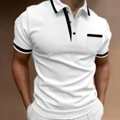 Men's Polo Shirts Golf Shirt Casual Sports Lapel Short Sleeve Fashion Basic Color Block Patchwork Front Pocket Summer Regular Fit White Red Navy Blue Blue Gray Polo Shirts