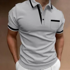 Men's Polo Shirts Golf Shirt Casual Sports Lapel Short Sleeve Fashion Basic Color Block Patchwork Front Pocket Summer Regular Fit White Red Navy Blue Blue Gray Polo Shirts