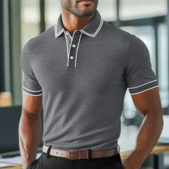 Men's Polo Shirts Golf Shirt Work Business Ribbed Polo Collar Classic Short Sleeve Basic Modern Solid Color Patchwork Buttons Spring & Summer Regular Fit Light Blue Black Burgundy Navy Blue Royal