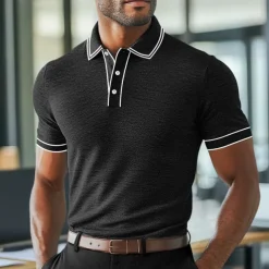 Men's Polo Shirts Golf Shirt Work Business Ribbed Polo Collar Classic Short Sleeve Basic Modern Solid Color Patchwork Buttons Spring & Summer Regular Fit Light Blue Black Burgundy Navy Blue Royal
