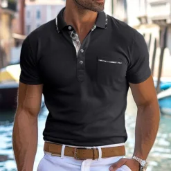 Men's Polo Shirts Golf Shirt Work Casual Lapel Ribbed Polo Collar Short Sleeve Basic Modern Color Block Patchwork Buttons Spring & Summer Regular Fit Light Blue Dark Gray Black Blue Green Khaki Polo