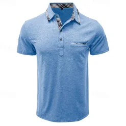 Men's Polo Shirts Golf Shirt Work Casual Lapel Ribbed Polo Collar Short Sleeve Basic Modern Color Block Patchwork Buttons Spring & Summer Regular Fit Light Blue Dark Gray Black Blue Green Khaki Polo