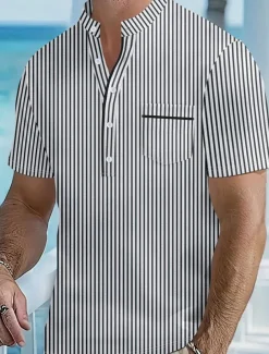 Men's Polo Shirts Golf Shirt Outdoor Daily Wear Banded Collar Short Sleeve Fashion Hawaiian Stripe Pocket Summer Regular Fit Black Blue Sky Blue Green Apricot Polo Shirts