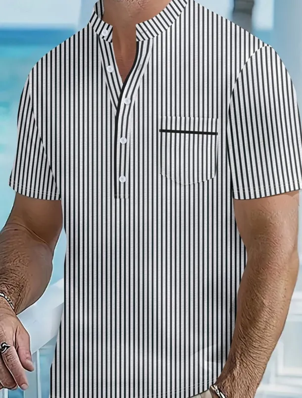 Men's Polo Shirts Golf Shirt Outdoor Daily Wear Banded Collar Short Sleeve Fashion Hawaiian Stripe Pocket Summer Regular Fit Black Blue Sky Blue Green Apricot Polo Shirts