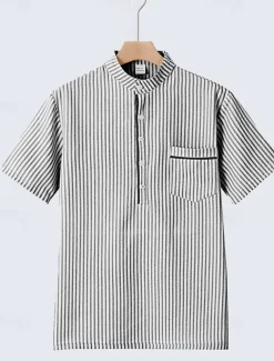 Men's Polo Shirts Golf Shirt Outdoor Daily Wear Banded Collar Short Sleeve Fashion Hawaiian Stripe Pocket Summer Regular Fit Black Blue Sky Blue Green Apricot Polo Shirts