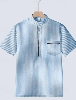 Men's Polo Shirts Golf Shirt Outdoor Daily Wear Banded Collar Short Sleeve Fashion Hawaiian Stripe Pocket Summer Regular Fit Black Blue Sky Blue Green Apricot Polo Shirts