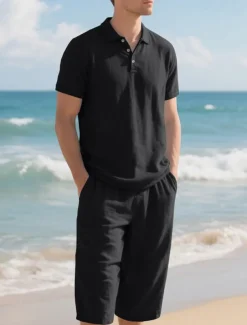 Men's Polo Shirts Golf Shirt Outdoor Daily Wear Lapel Short Sleeve Fashion Hawaiian Plain 2 Piece Summer Regular Fit Black White Navy Blue Khaki Army Green Light Sky Blue Polo Shirts