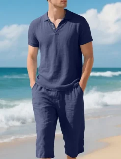 Men's Polo Shirts Golf Shirt Outdoor Daily Wear Lapel Short Sleeve Fashion Hawaiian Plain 2 Piece Summer Regular Fit Black White Navy Blue Khaki Army Green Light Sky Blue Polo Shirts