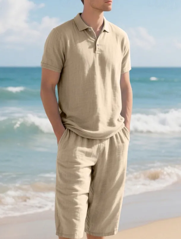 Men's Polo Shirts Golf Shirt Outdoor Daily Wear Lapel Short Sleeve Fashion Hawaiian Plain 2 Piece Summer Regular Fit Black White Navy Blue Khaki Army Green Light Sky Blue Polo Shirts