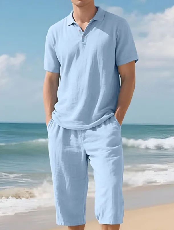 Men's Polo Shirts Golf Shirt Outdoor Daily Wear Lapel Short Sleeve Fashion Hawaiian Plain 2 Piece Summer Regular Fit Black White Navy Blue Khaki Army Green Light Sky Blue Polo Shirts