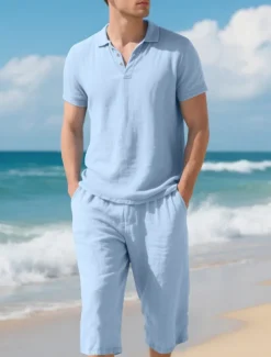 Men's Polo Shirts Golf Shirt Outdoor Daily Wear Lapel Short Sleeve Fashion Hawaiian Plain 2 Piece Summer Regular Fit Black White Navy Blue Khaki Army Green Light Sky Blue Polo Shirts