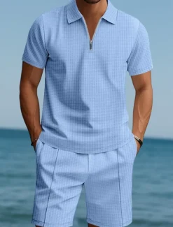 Men's Polo Shirts Quarter Zip Polo Outdoor Daily Wear Lapel Short Sleeve Fashion Hawaiian Plain 2 Piece Summer Regular Fit Black White Navy Blue Royal Blue Green Khaki Polo Shirts