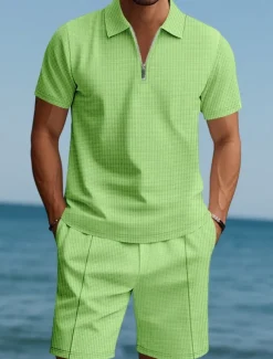 Men's Polo Shirts Quarter Zip Polo Outdoor Daily Wear Lapel Short Sleeve Fashion Hawaiian Plain 2 Piece Summer Regular Fit Black White Navy Blue Royal Blue Green Khaki Polo Shirts