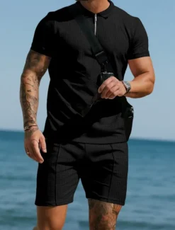 Men's Polo Shirts Quarter Zip Polo Outdoor Daily Wear Lapel Short Sleeve Fashion Hawaiian Plain 2 Piece Summer Regular Fit Black White Navy Blue Royal Blue Green Khaki Polo Shirts