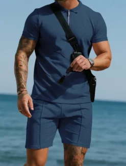 Men's Polo Shirts Quarter Zip Polo Outdoor Daily Wear Lapel Short Sleeve Fashion Hawaiian Plain 2 Piece Summer Regular Fit Black White Navy Blue Royal Blue Green Khaki Polo Shirts