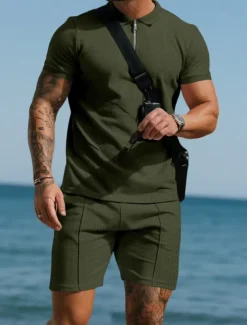 Men's Polo Shirts Quarter Zip Polo Outdoor Daily Wear Lapel Short Sleeve Fashion Hawaiian Plain 2 Piece Summer Regular Fit Black White Navy Blue Royal Blue Green Khaki Polo Shirts