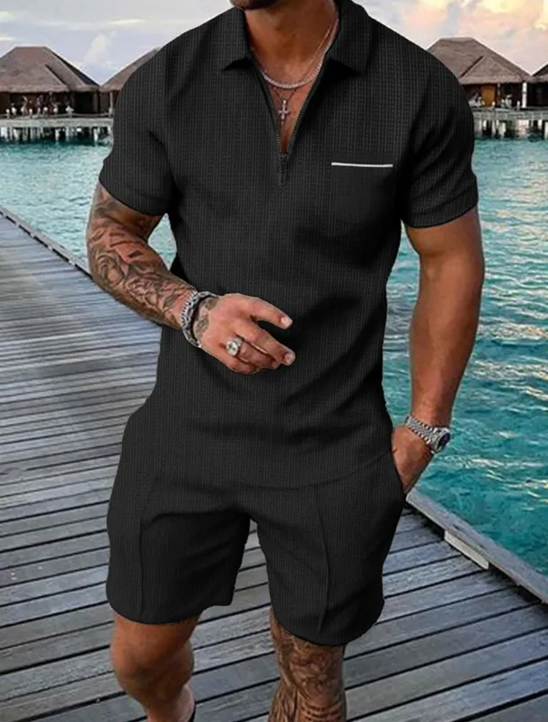 Men's Polo Shirts Zip Polo Outdoor Daily Wear Lapel Short Sleeve Fashion Hawaiian Plain Pocket 2 Piece Summer Regular Fit Black Brown Apricot Gray Polo Shirts