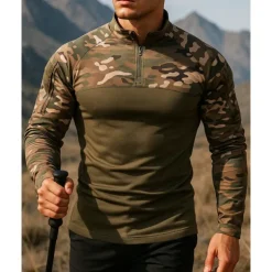 Men's Polo Sweatshirt Hiking top Long Sleeve Stand Collar Top Outdoor Breathable Quick Dry Lightweight Elastic Quarter-Zip Pullover Polyester Camouflage Black Army Green Grey Tennis Golf Running